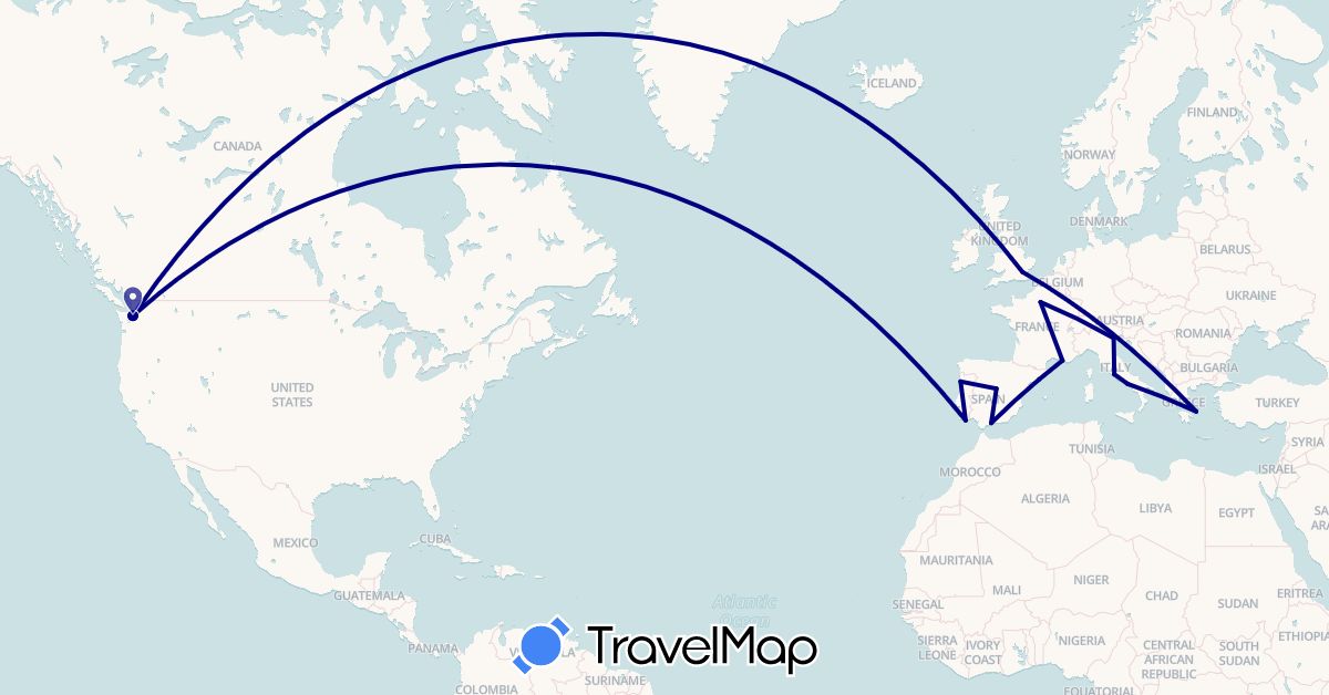 TravelMap itinerary: driving in Spain, France, United Kingdom, Greece, Italy, Portugal, United States (Europe, North America)